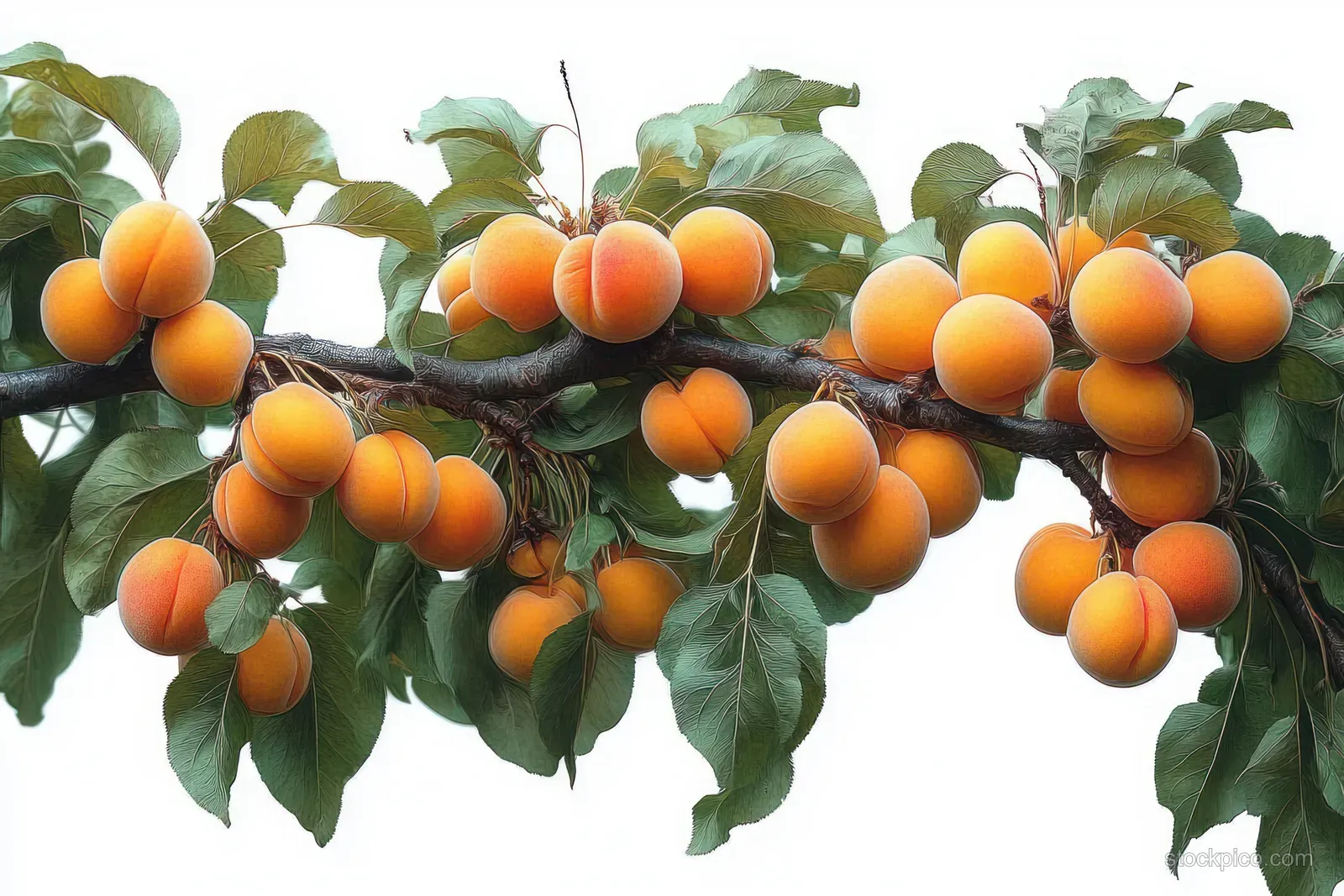 Ripe orange apricots and green leaves on a hanging tree branch against a white background.