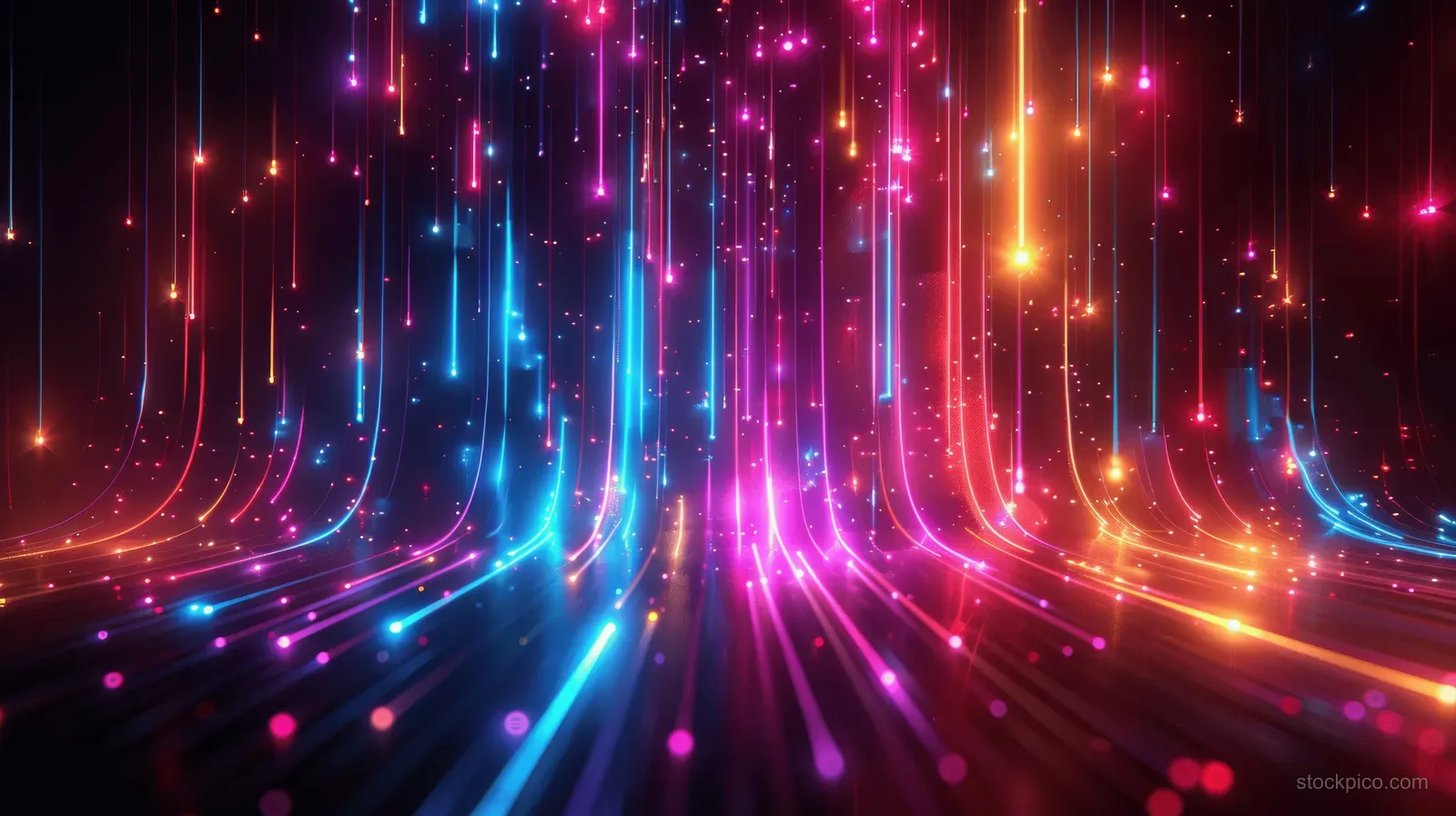 Neon colored light trails form vertical streaks leading into a dark tunnel toward a glowing center.