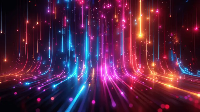 Neon colored light trails form vertical streaks leading into a dark tunnel toward a glowing center.