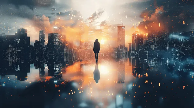 Silhouetted man walks on reflective water toward HDR skyscrapers glowing under cosmic light in a futuristic city.