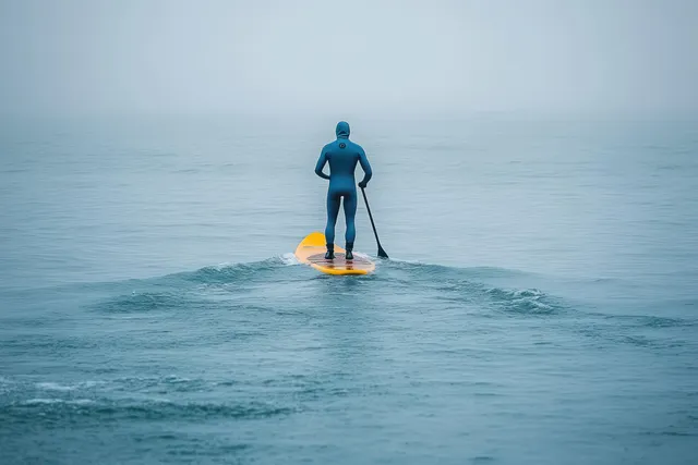 A lone paddler in a wetsuit stands on a stand-up paddleboard on misty calm ocean water.