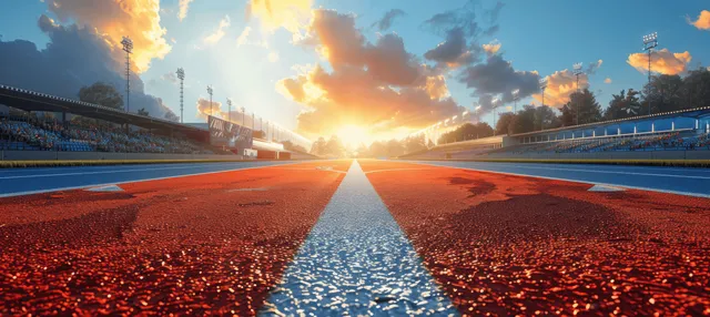 Sunrise shines over an empty athletics track in a stadium with cloudy sky and stadium stands.