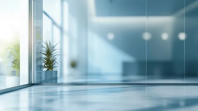 Minimal modern office interior with floor-to-ceiling windows, a blurred glass wall, and bright daylight copy space.