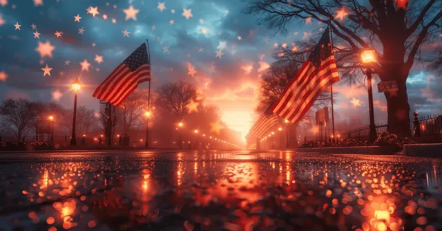 Two American flags wave at sunset with glowing fireworks and reflections on wet pavement under string lights.