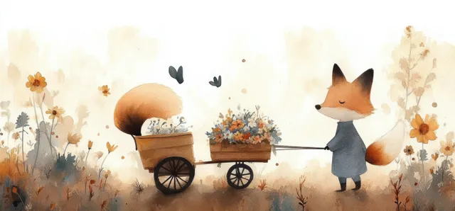 Friendly fox pulling a flower cart through a sunlit meadow with butterflies