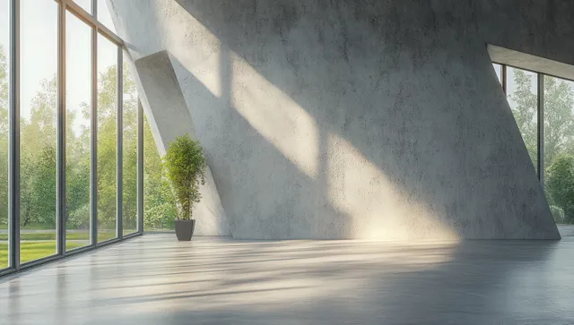 Empty minimalist loft interior with polished concrete floor, large windows, and sunlit geometric wall shadows.