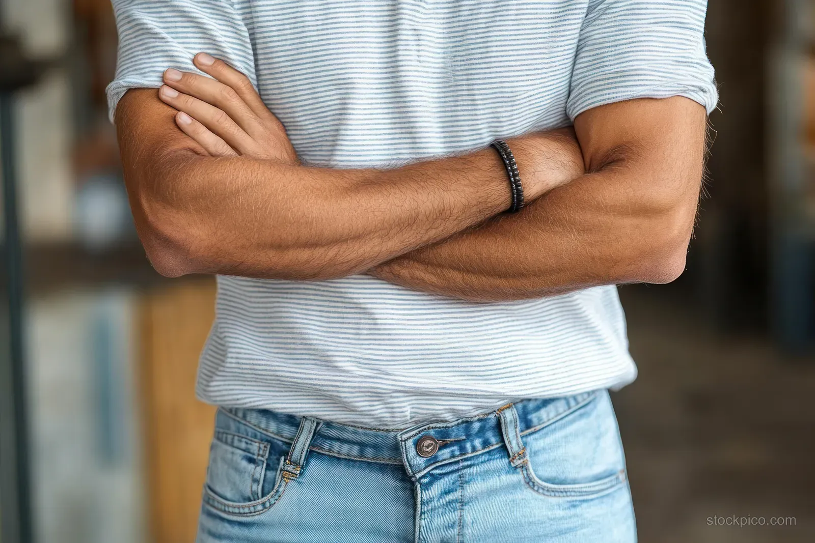 Person stands with arms crossed wearing a striped shirt, blue jeans, and a wristwatch in an outdoor street setting.