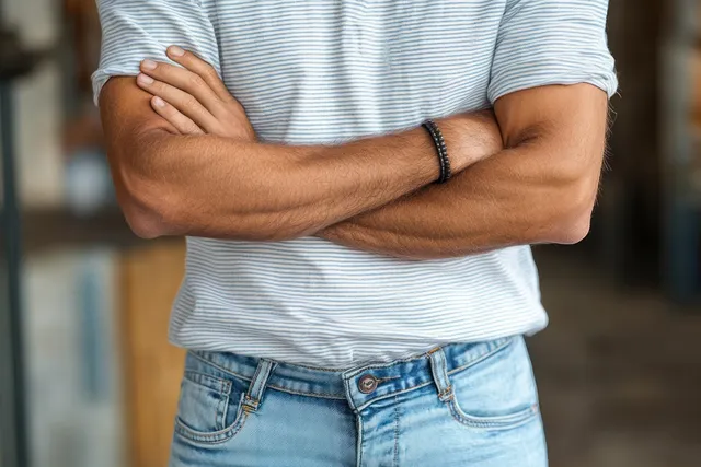 Person stands with arms crossed wearing a striped shirt, blue jeans, and a wristwatch in an outdoor street setting.