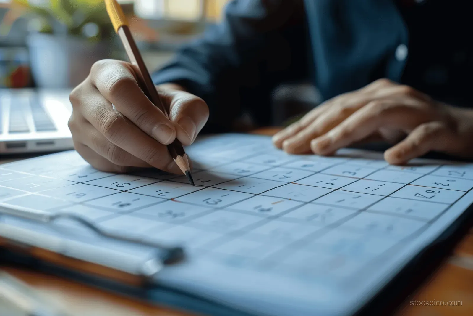A businesswoman writes on a calendar schedule beside a laptop at a desk.