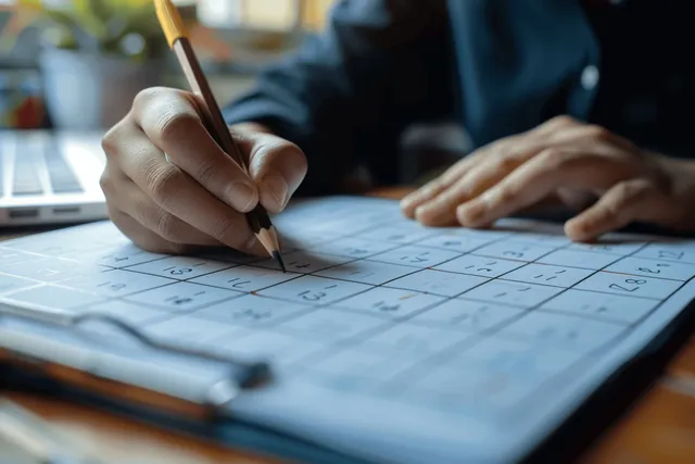 A businesswoman writes on a calendar schedule beside a laptop at a desk.