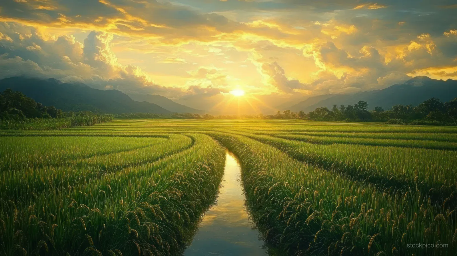 Golden sunset illuminates winding water canal running through lush green rice fields toward distant mountains under stormy clouds.