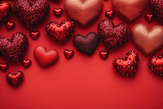 Red glitter hearts and rose gold heart ornaments on red flat lay background