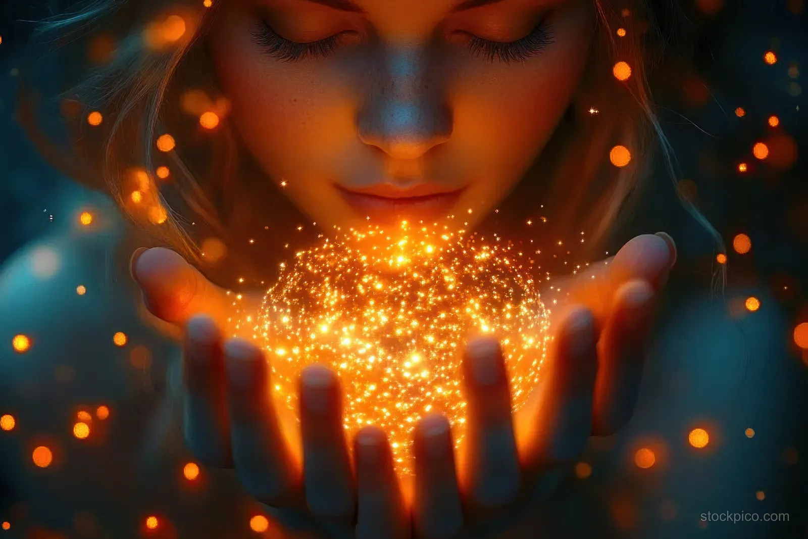 Serene woman holds glowing orange lights that emit sparkling particles against a dark background.