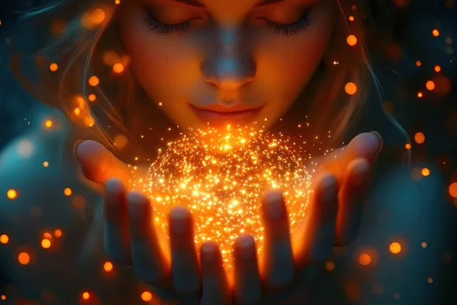 Serene woman holds glowing orange lights that emit sparkling particles against a dark background.