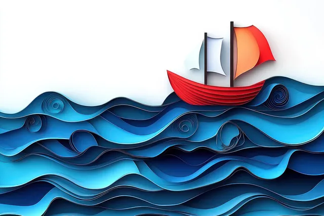 Red paper-cut sailboat floats above layered blue ocean waves beneath a pale sky.
