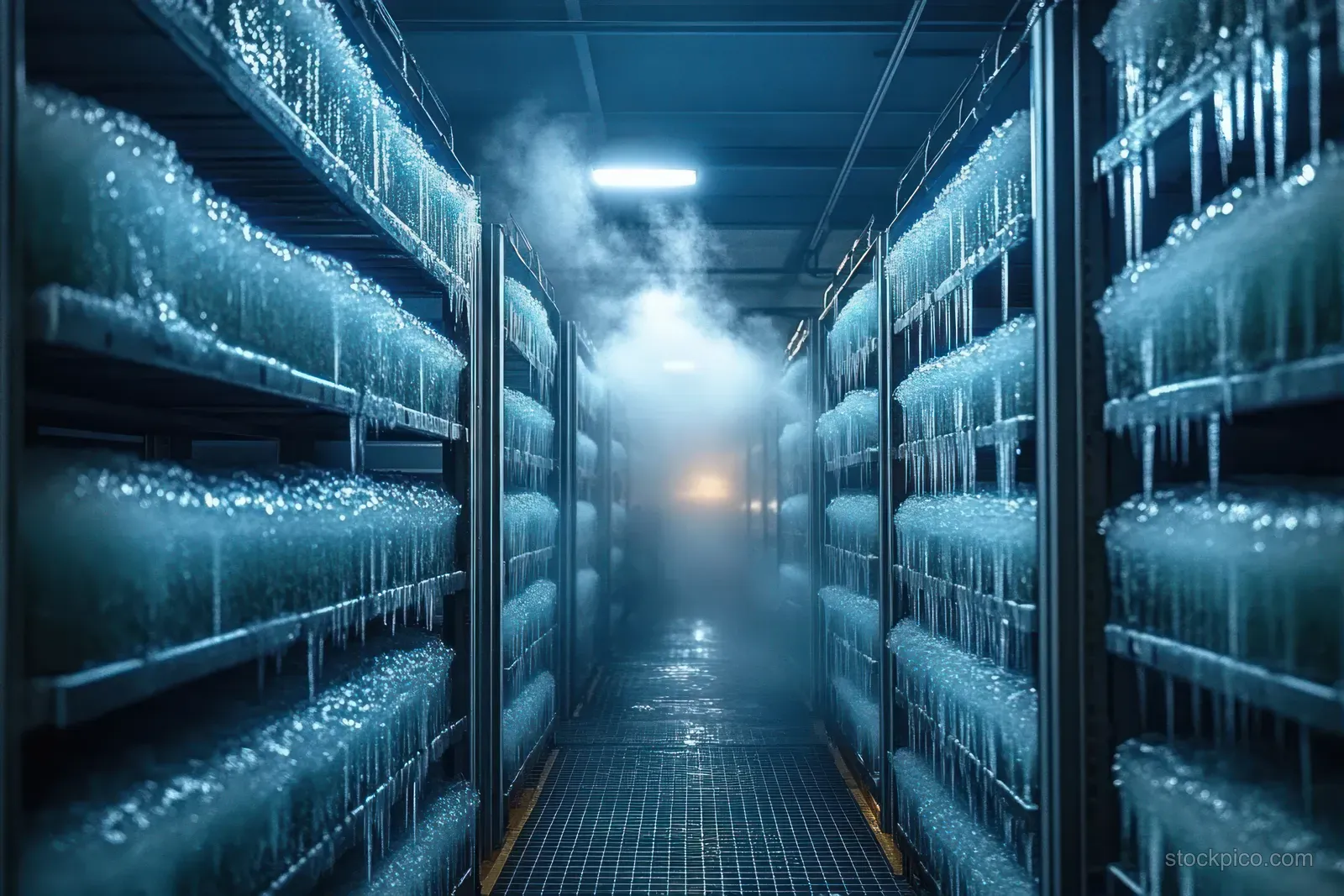 Misty fog fills a freezer corridor while metal shelves are coated with thick frost and ice.