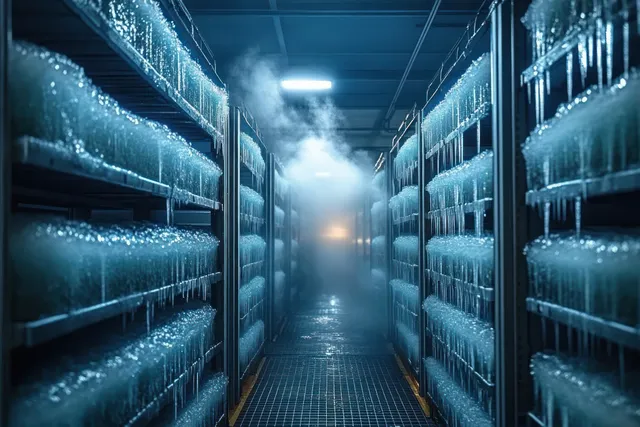Misty fog fills a freezer corridor while metal shelves are coated with thick frost and ice.