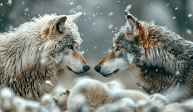 Wolf and sheep nuzzle face-to-face in snowfall, snowflakes sparkling between their eyes