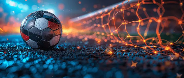 Futuristic soccer ball on stadium turf with orange goal-net sparks, German-toned lights