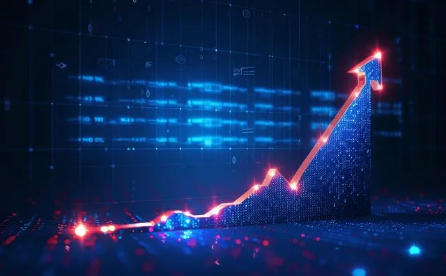 A glowing upward arrow chart rises over a blue digital data grid with market indicator lights.
