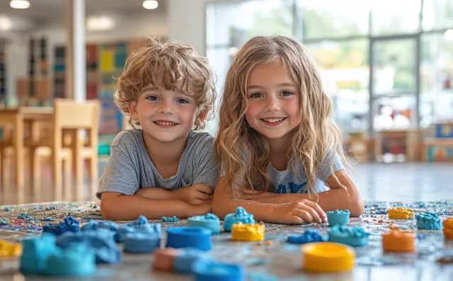 Two children create colorful clay crafts at a table in a bright kindergarten classroom filled with art materials.