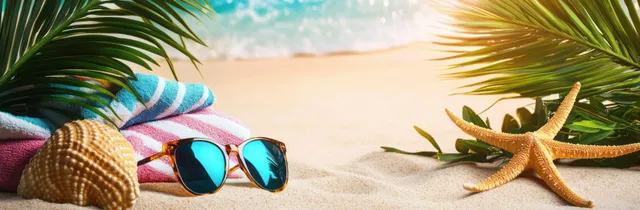 Sunglasses and a striped towel on sandy beach with a starfish and palm leaves framing the shore.