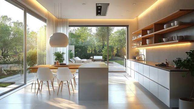 Sunlit open kitchen with dining table, white chairs, and sliding glass doors showing lush green garden.