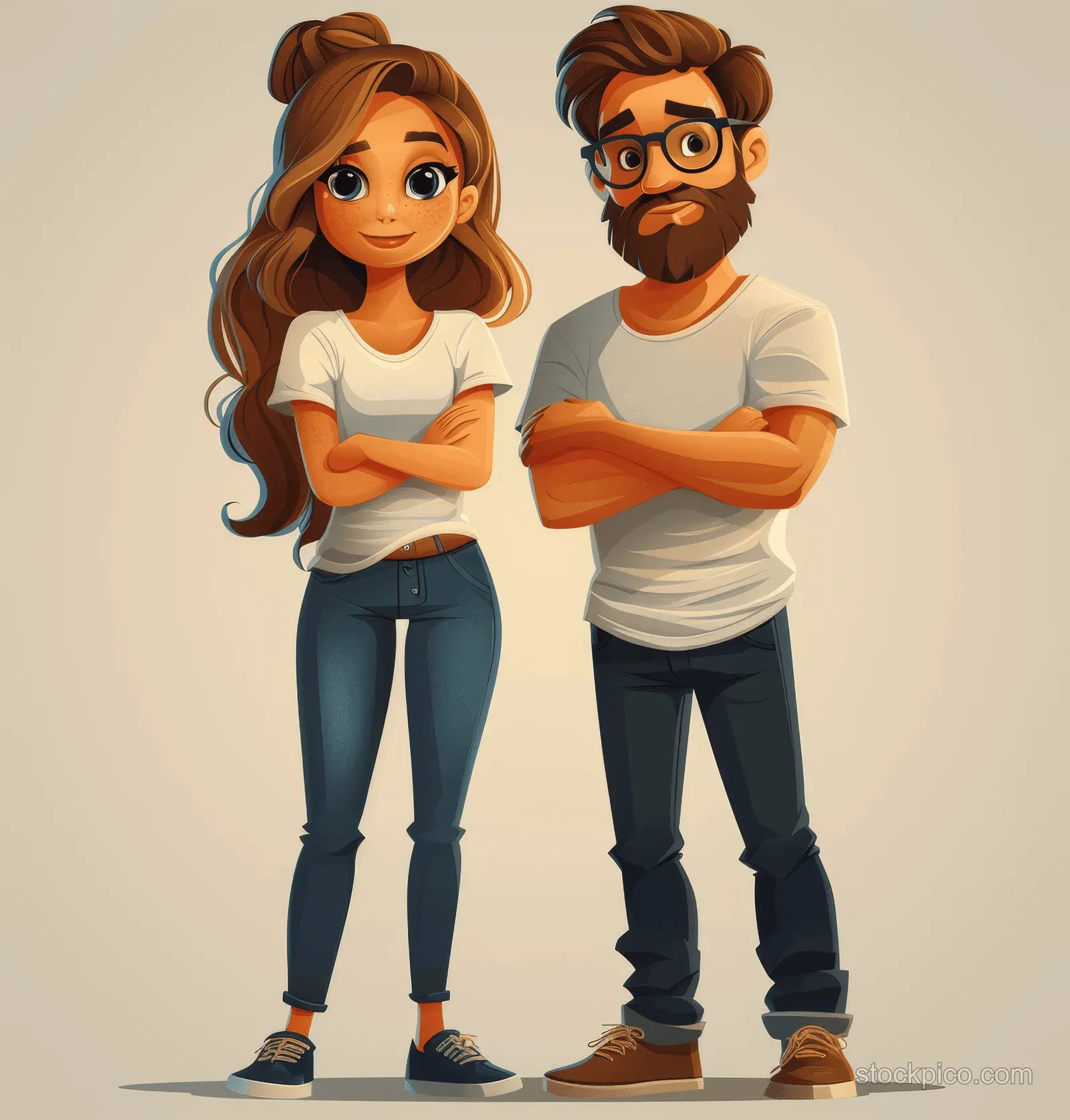 3D cartoon man and woman stand side by side smiling with arms crossed on a plain white background.