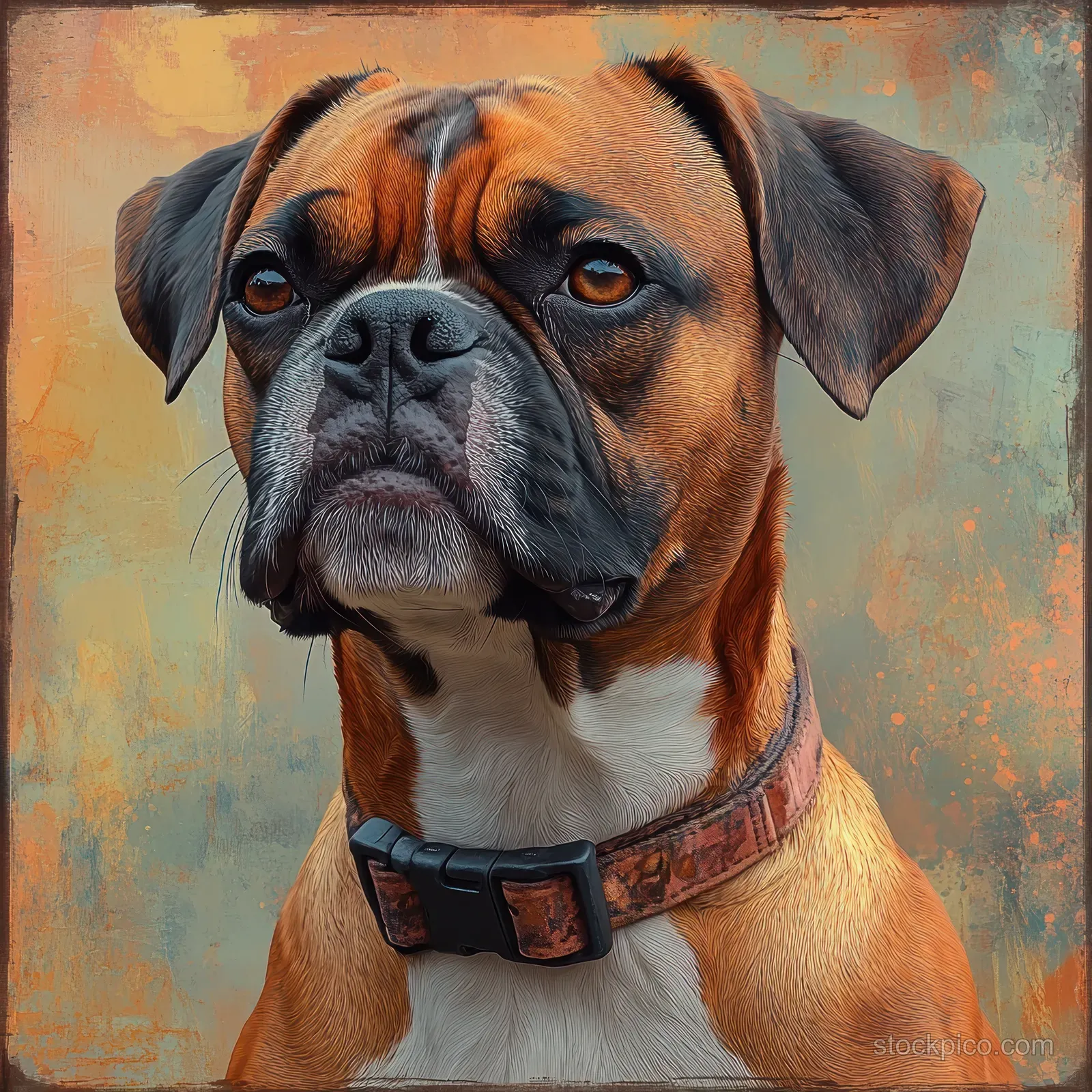 Watercolor portrait of a Boxer dog wearing a dark collar against a warm orange textured backdrop.