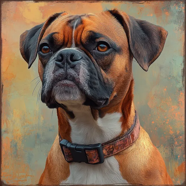 Watercolor portrait of a Boxer dog wearing a dark collar against a warm orange textured backdrop.