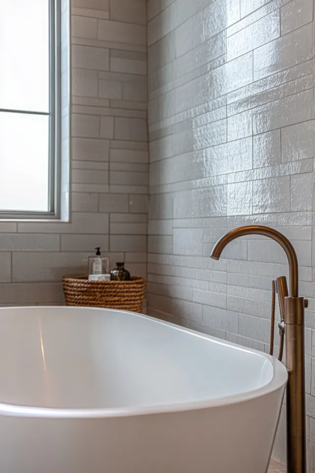 White freestanding bathtub in a corner with chrome faucet, glossy beige tiles, and soap basket beside a frosted window.