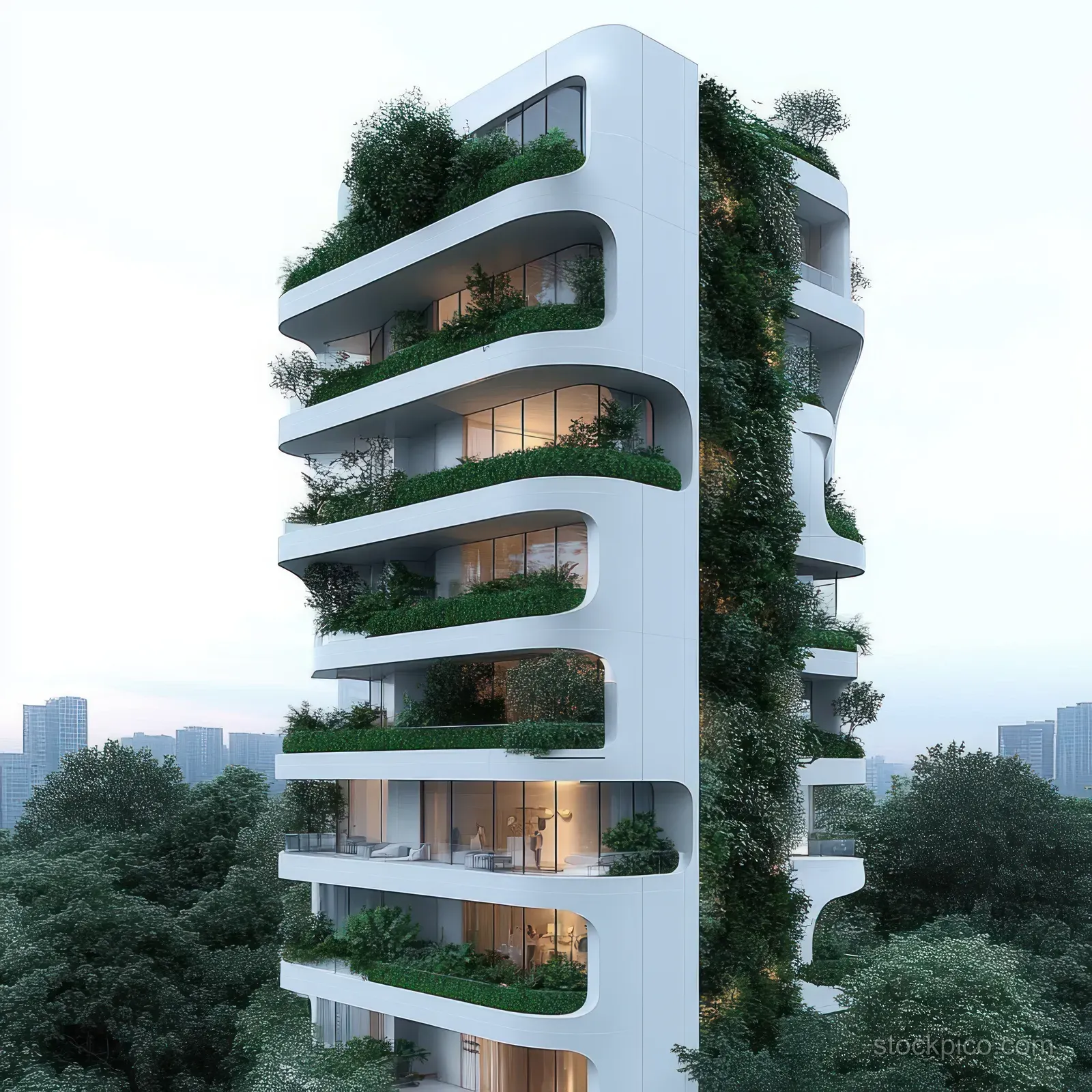 White apartment tower with curved balconies and a tall vertical garden rising above trees under soft daylight.