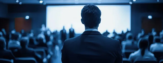 Backlit speaker giving a seminar speech in a dark conference hall under soft blue lights