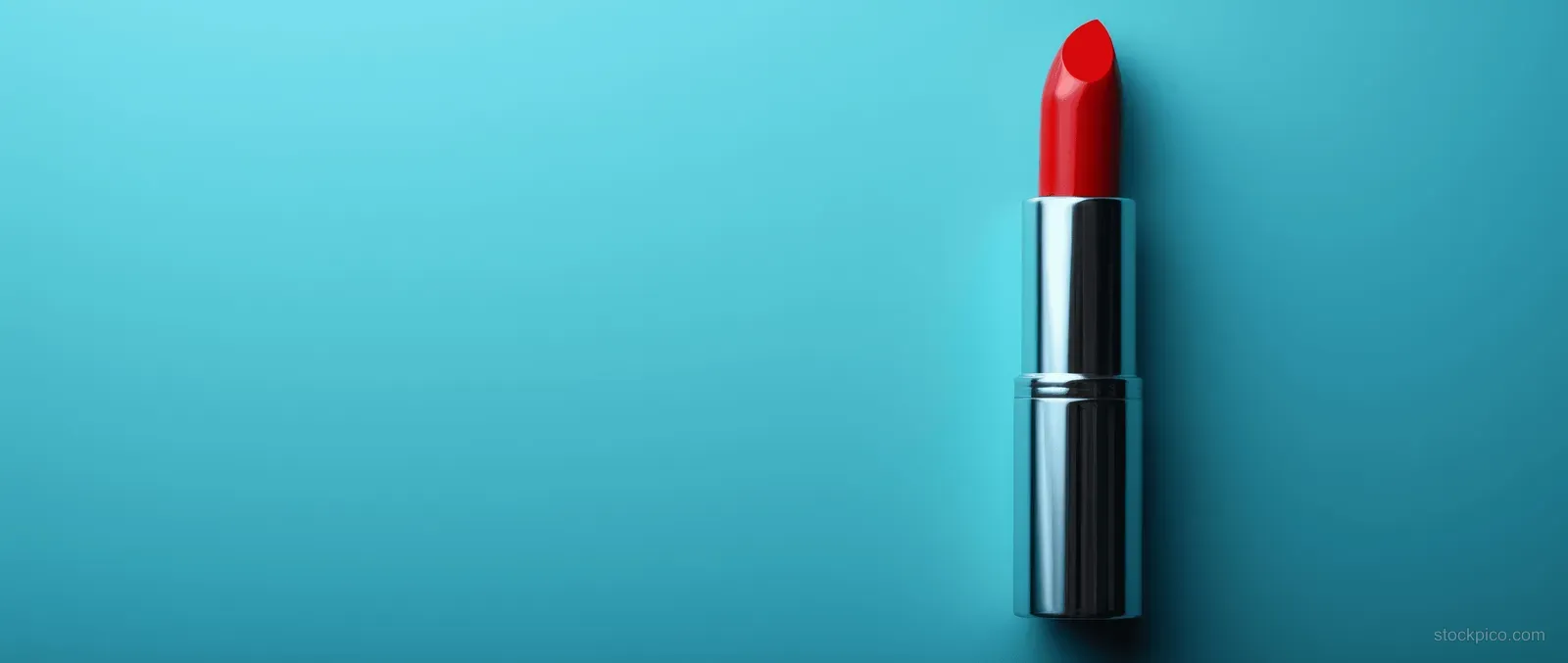 A red lipstick tube stands upright on a teal solid background with empty space beside it.