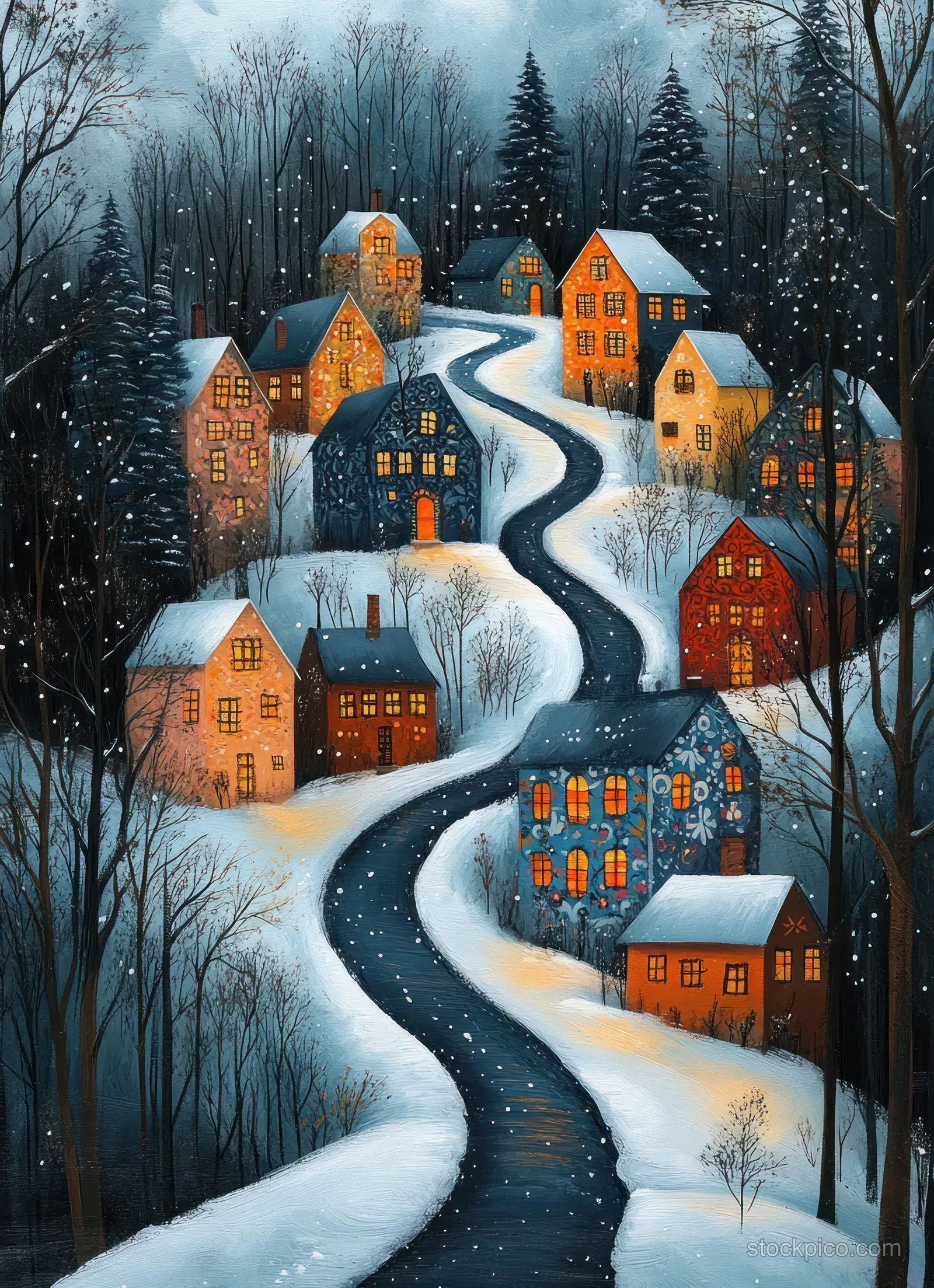 Snow-covered houses glow along a winding road in a winter village at night with falling snow.