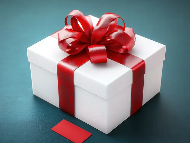 White gift box with shiny red ribbon and bow on blue background