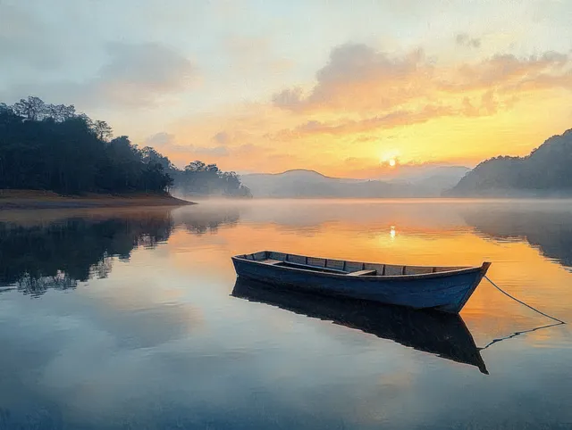 A wooden boat lies on a misty lake at sunrise, mirrored by the calm water.