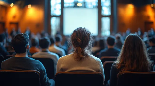 An audience sits in rows facing a stage during a conference presentation with glowing lights and screens.