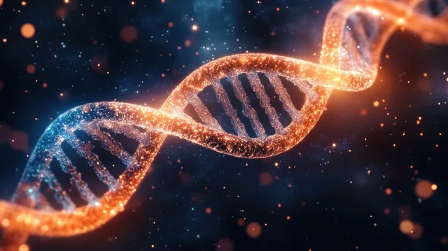 Glowing blue and orange DNA double helix arcs through dark space amid floating particle sparks.
