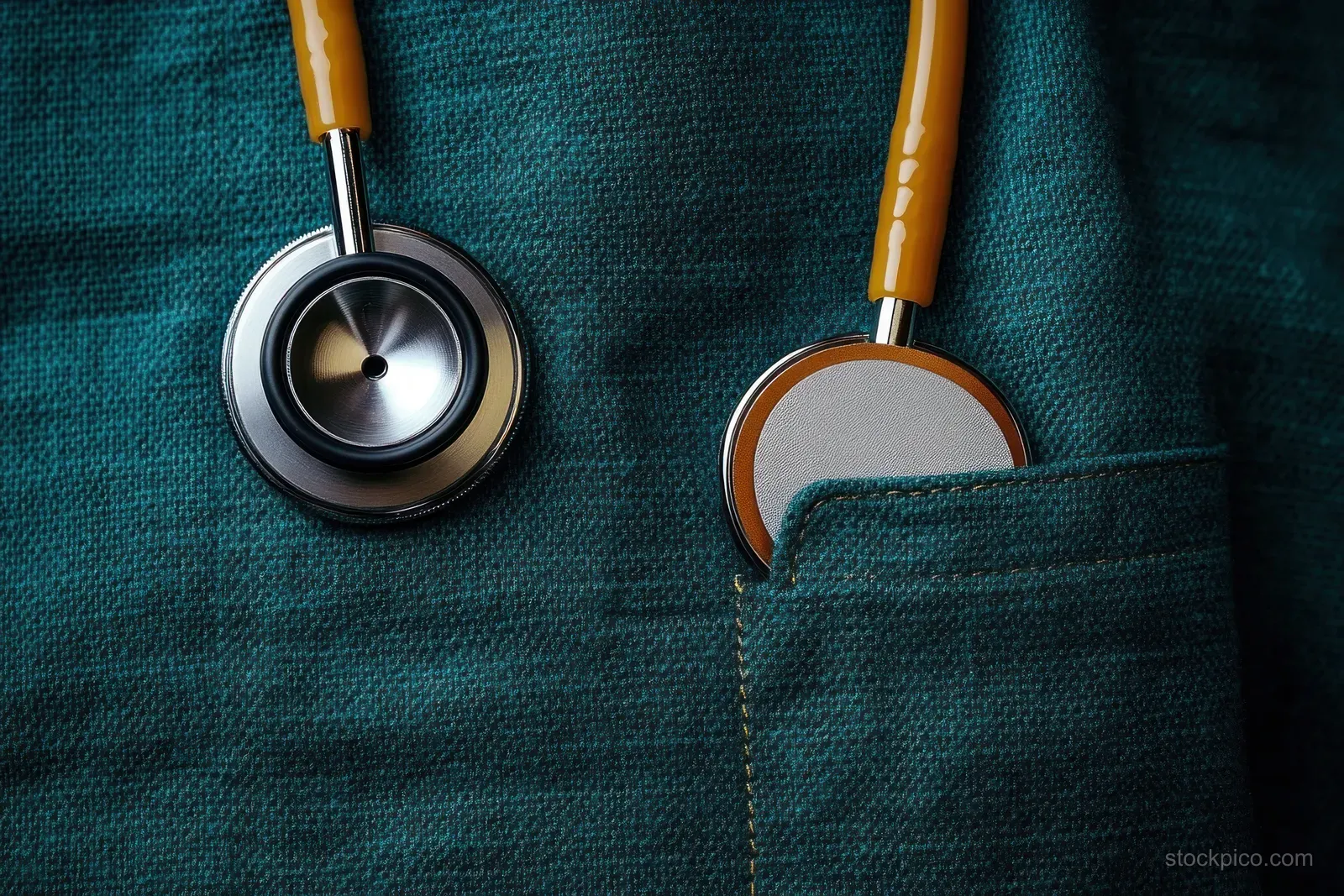 Stethoscope with yellow tubing on teal fabric, with one earpiece clipped and the other end in a pocket.