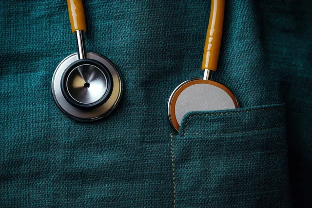 Stethoscope close-up with yellow tubing resting on teal fabric and partly in a pocket