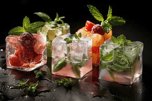 Frozen ice cubes with fresh fruit and herbs arranged on a dark background, perfect for a refreshing summer drink.