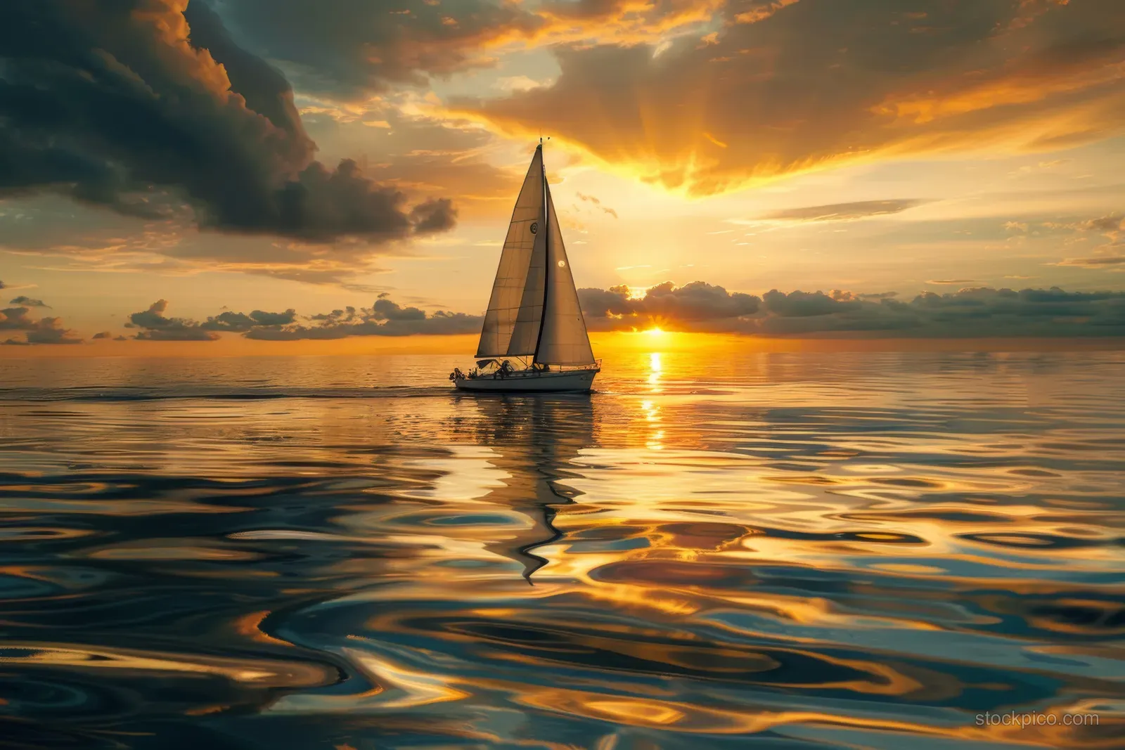 A Finn class sailboat sails on calm water at sunset, creating bright reflections on the sea.