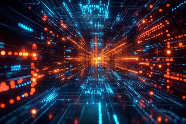 Futuristic glowing data tunnel with orange and blue lines streaming into deep cyber space
