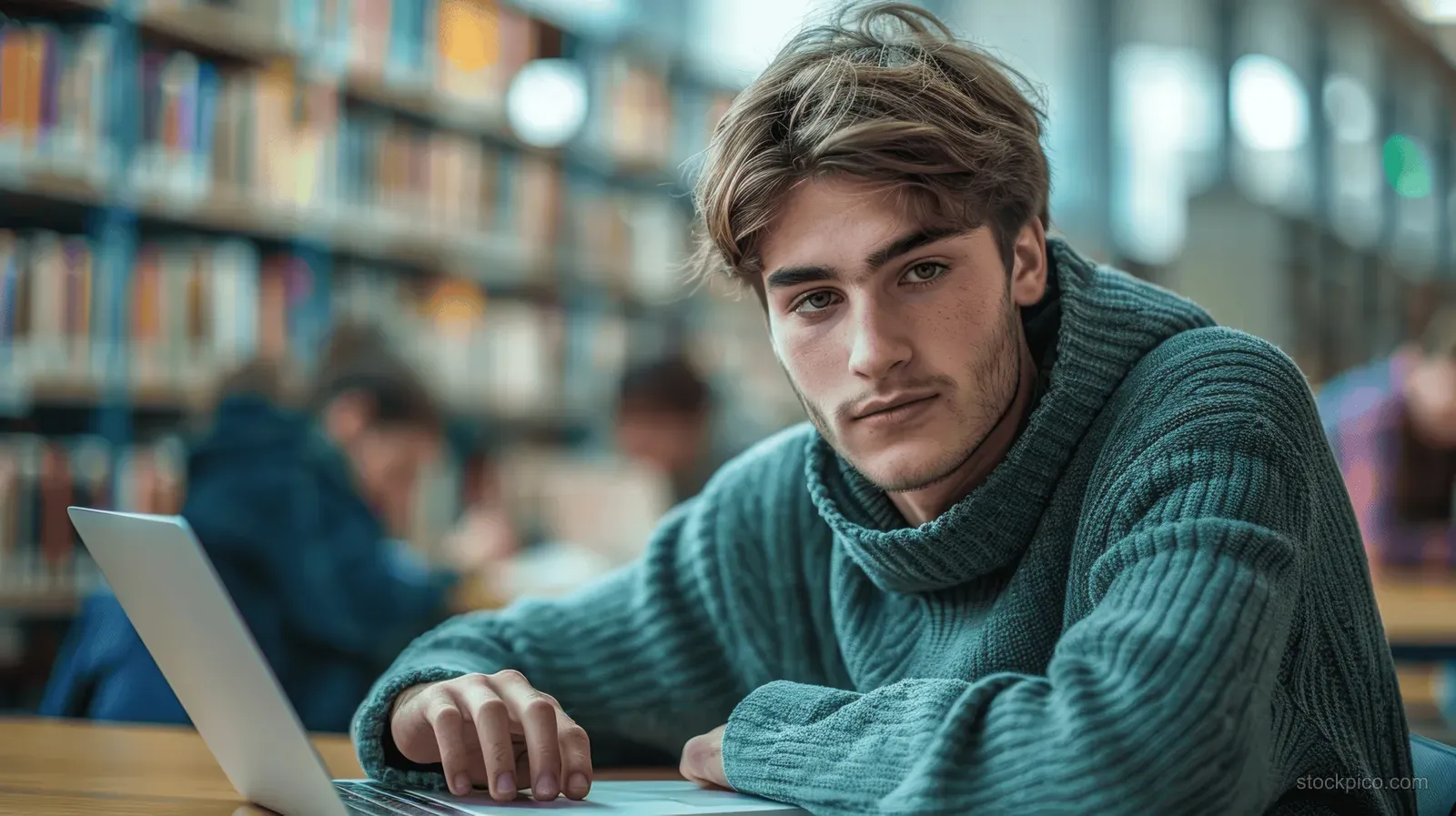 Young man in a teal sweater studies on a laptop at a library table with blurred bookshelves behind.