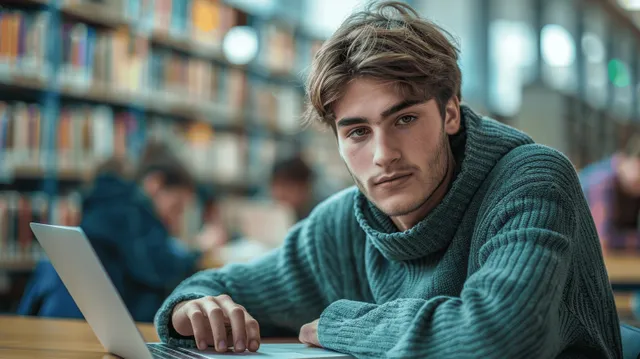 Young man studying with laptop at library table, bookshelves softly blurred behind him