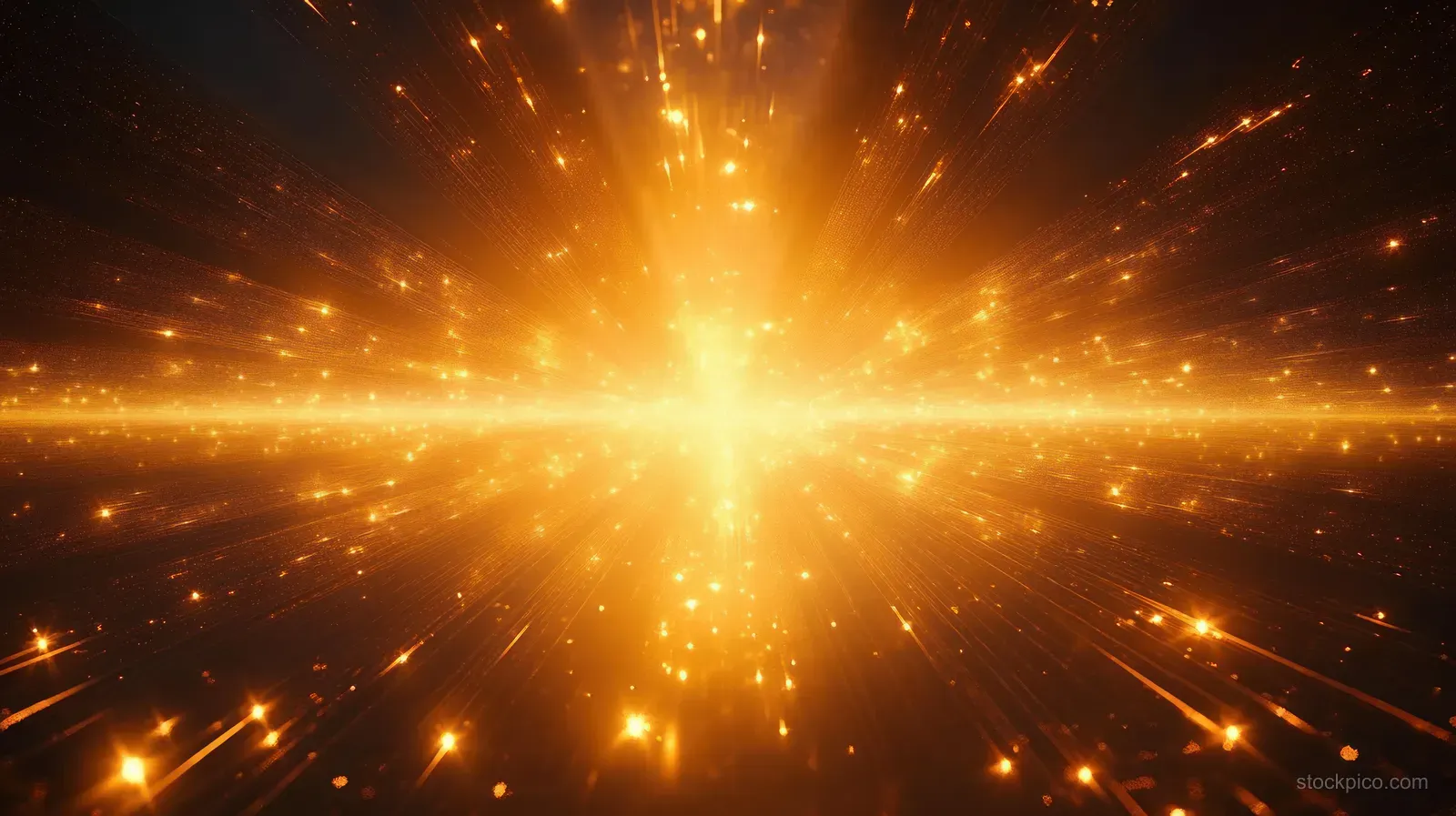 Golden geometric rays and sparkling particles burst outward from a bright center on a dark background.