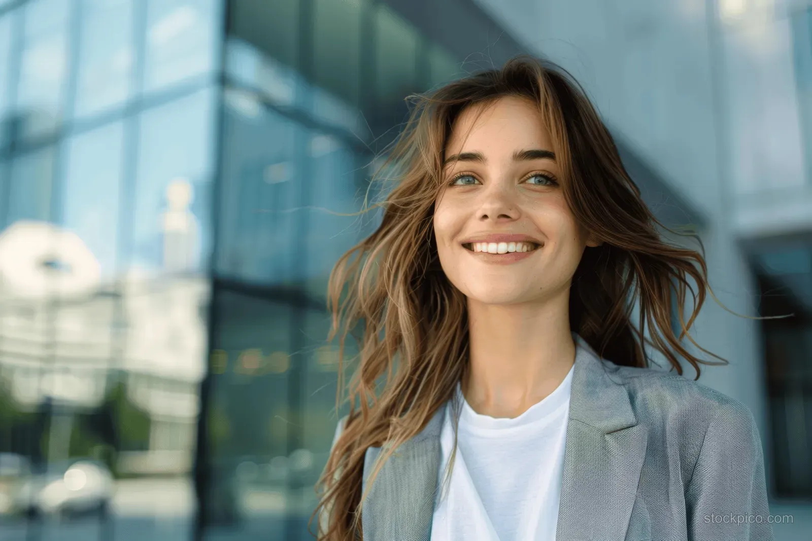 Smiling woman in a grey blazer stands outside a modern glass office building with wind-blown hair.