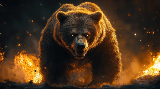 Fierce grizzly bear charging through water, roaring with splashing motion and fiery sparks