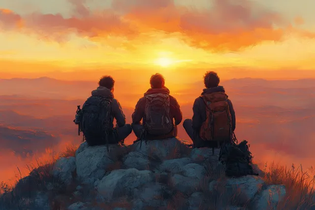 Three women hikers sit on a grassy ridge overlooking mountains at sunset with backpacks and warm silhouetted light.
